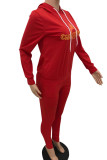 Red Sportswear Letter Print Patchwork Hooded Collar Long Sleeve Two Pieces