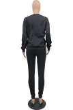 Black Casual Solid Pocket O Neck Long Sleeve Two Pieces