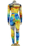 Multicolor Sexy Print Patchwork Zipper Collar Skinny Jumpsuits