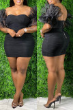 Black Fashion Sexy Solid Patchwork Backless Strapless Short Sleeve Dress