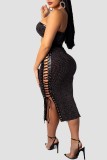 Black Fashion Sexy Patchwork Hollowed Out Strap Design Sleeveless Two Pieces