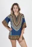 Blue Polyester Fashion adult Sexy Bat sleeve Half Sleeves O neck Swagger Mini Patchwork Print