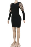 Black Sexy Party Polyester Gauze Pit Article Fabrics Patchwork Solid Split Joint See-through O Neck Long Sleeve Mini A Line Dresses