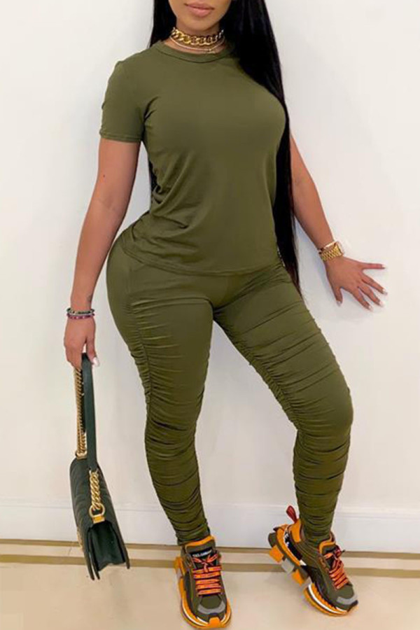Army Green Casual Solid Patchwork Fold Asymmetrical O Neck Short Sleeve Two Pieces