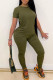 Army Green Casual Solid Patchwork Fold Asymmetrical O Neck Short Sleeve Two Pieces