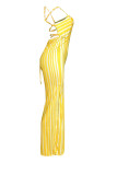 Yellow Fashion Sexy Striped Print Backless Spaghetti Strap Sling Dress