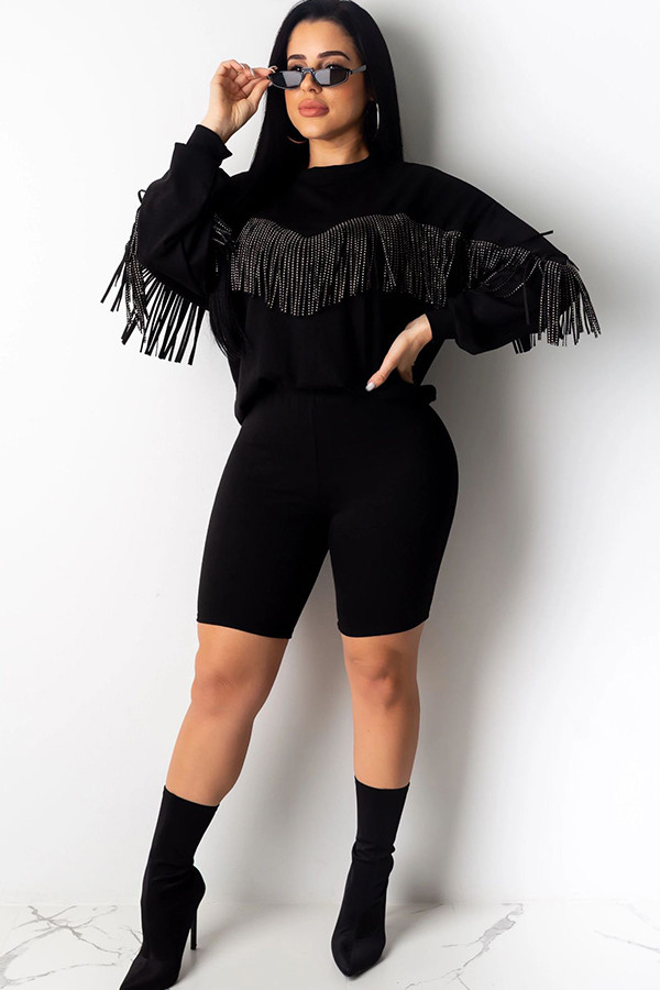Black Polyester Casual Solid pencil Long Sleeve Two-Piece Short Set