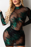 Black Green Sexy Geometric Embroidered Sequins Split Joint See-through O Neck Pencil Skirt Dresses