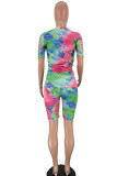 Blue Polyester Fashion Sexy Print Tie Dye Burn-out Two Piece Suits pencil Short Sleeve Two Pieces