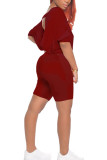 Wine Red Fashion Sexy adult Ma'am Solid backless Two Piece Suits Straight Half Sleeve Two Pieces