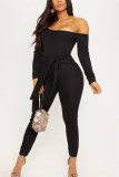 Black Sexy Solid Long Sleeve one shoulder collar Jumpsuits