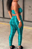 Cyan Sexy Casual Plaid Print Backless Strapless Sleeveless Two Pieces