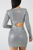Silver Sexy Solid Patchwork O Neck Pencil Skirt Dresses