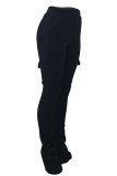 Dark Blue Casual Solid Pocket Fold Boot Cut Patchwork Bottoms