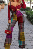 Wine Red Street Print Strapless Long Sleeve Two Pieces