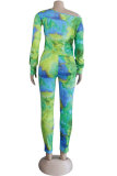 Green Cotton Sexy Two Piece Suits Print pencil Long Sleeve
