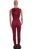 Wine Red Cotton Active Patchwork Solid Hole pencil Sleeveless Two Pieces