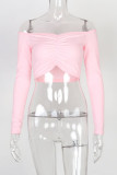 White Red Black Blue Pink Orange One word collar Long Sleeve Solid Tops