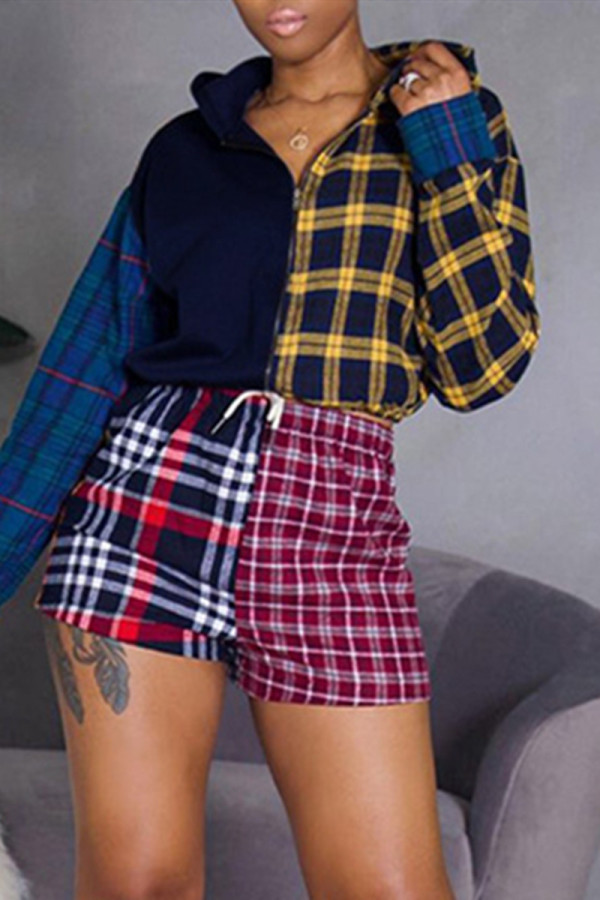 Multicolor Fashion Casual Plaid Print Patchwork Hooded Collar Long Sleeve Two Pieces