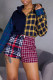 Multicolor Fashion Casual Plaid Print Patchwork Hooded Collar Long Sleeve Two Pieces