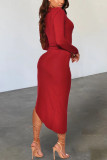 Red Elegant Solid Split Joint Slit O Neck Pencil Skirt Dresses