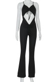 Black Sexy Solid Hollowed Out Split Joint Frenulum Backless Spaghetti Strap Skinny Jumpsuits