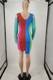 Deep Blue Fashion Sexy Patchwork Hollowed Out Strap Design Asymmetrical O Neck Long Sleeve Dress