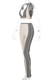 Khaki Sexy Casual Patchwork Backless V Neck Sleeveless Two Pieces
