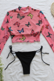 Pink Sexy Print Split Joint Frenulum Swimwears