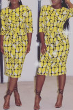 Yellow Daily Print Split Joint O Neck Wrapped Skirt Dresses
