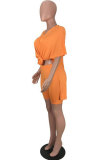 Orange Polyester Fashion Casual Patchwork Solid pencil Half Sleeve Two Pieces