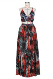 Red Fashion Sexy Print Backless Slit V Neck Sleeveless Two Pieces