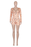 Pink Casual Print Patchwork V Neck Skinny Rompers