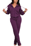 purple Fashion Casual Adult Polyester Solid Draw String Hooded Collar Long Sleeve Regular Sleeve Regular Two Pieces