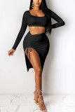Black Sexy Solid Patchwork U Neck Two Pieces