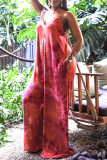 Rose Red Sexy Casual Print Tie Dye Backless Spaghetti Strap Loose Jumpsuits