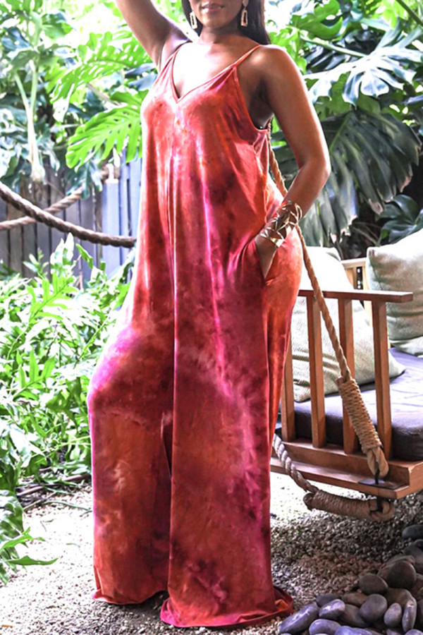 Rose Red Sexy Casual Print Tie Dye Backless Spaghetti Strap Loose Jumpsuits