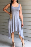 Grey Casual Solid Split Joint U Neck Irregular Dress Dresses