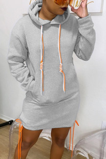 Grey Cotton Fashion adult Ma'am Street Cap Sleeve Long Sleeves Hooded Step Skirt skirt Solid Dresses