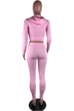 Pink Casual Solid Draw String Hooded Collar Long Sleeve Two Pieces