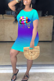 Yellow Fashion Casual adult Ma'am Pink Yellow Sky Blue Cap Sleeve Short Sleeves O neck A-Line Knee-Length Print Dresses
