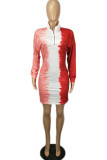 Red Sexy Gradual Change Print Turndown Collar Long Sleeve Mini Pencil Skirt Dresses