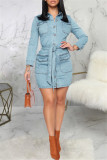 Blue Fashion Casual Solid Basic Turndown Collar Denim Dress