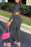 Grey Casual Solid Split Joint V Neck Long Sleeve Two Pieces