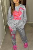 Grey Fashion Casual Letter Print Basic O Neck Long Sleeve Two Pieces
