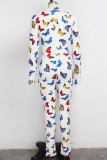 multicolor Sexy Print Cotton Long Sleeve V Neck Jumpsuits