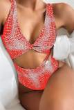 Red Sexy Animal Print Hollowed Out Patchwork Swimwears