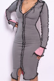 Grey Fashion Sexy Solid Patchwork V Neck Long Sleeve Dresses