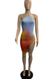 Gradient Color Sexy Gradual Change Print Backless Asymmetrical Spaghetti Strap Sleeveless Dress