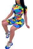 Blue Polyester Fashion Casual Patchwork Print Two Piece Suits pencil Short Sleeve Two Pieces